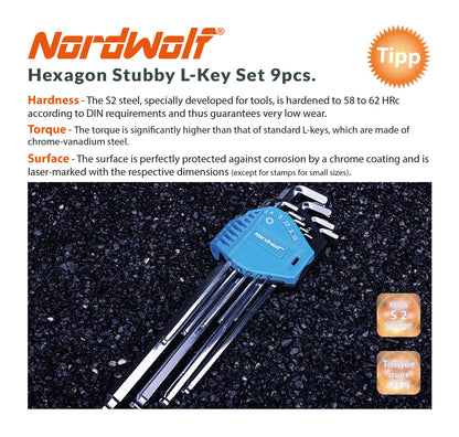 NordWolf 9-Piece Metric Stubby Allen Wrench Set, S2 Steel Long Arm Ball End Hex L-Keys, Sizes 1.5mm to 10mm