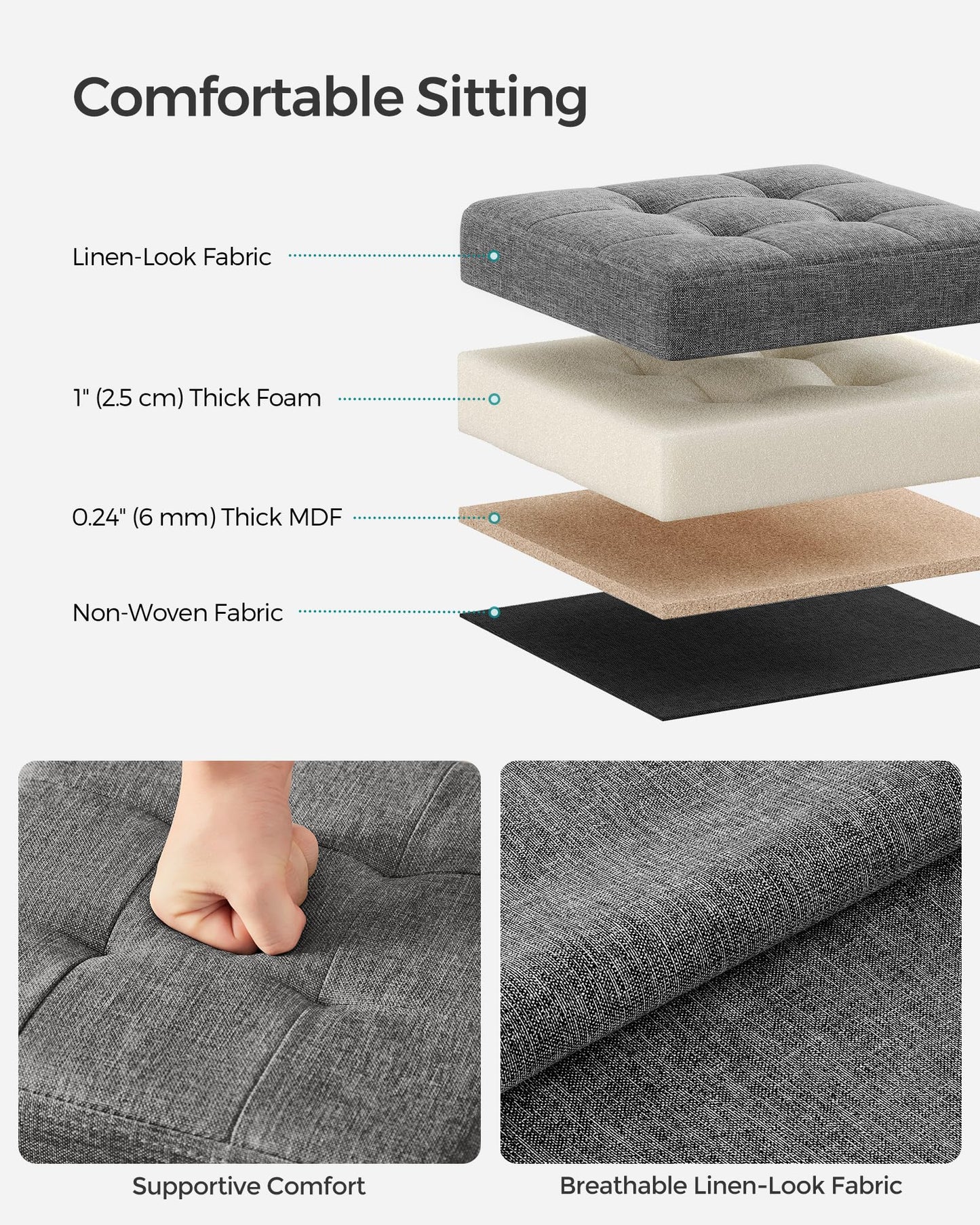 SONGMICS Folding Storage Ottoman Bench，30 x 30 x 30 cm，Ottoman Foot Rest, Storage Chest, Load 130 kg, for Living Room, Entryway, Dorm, Dark Gray ULSF028G01