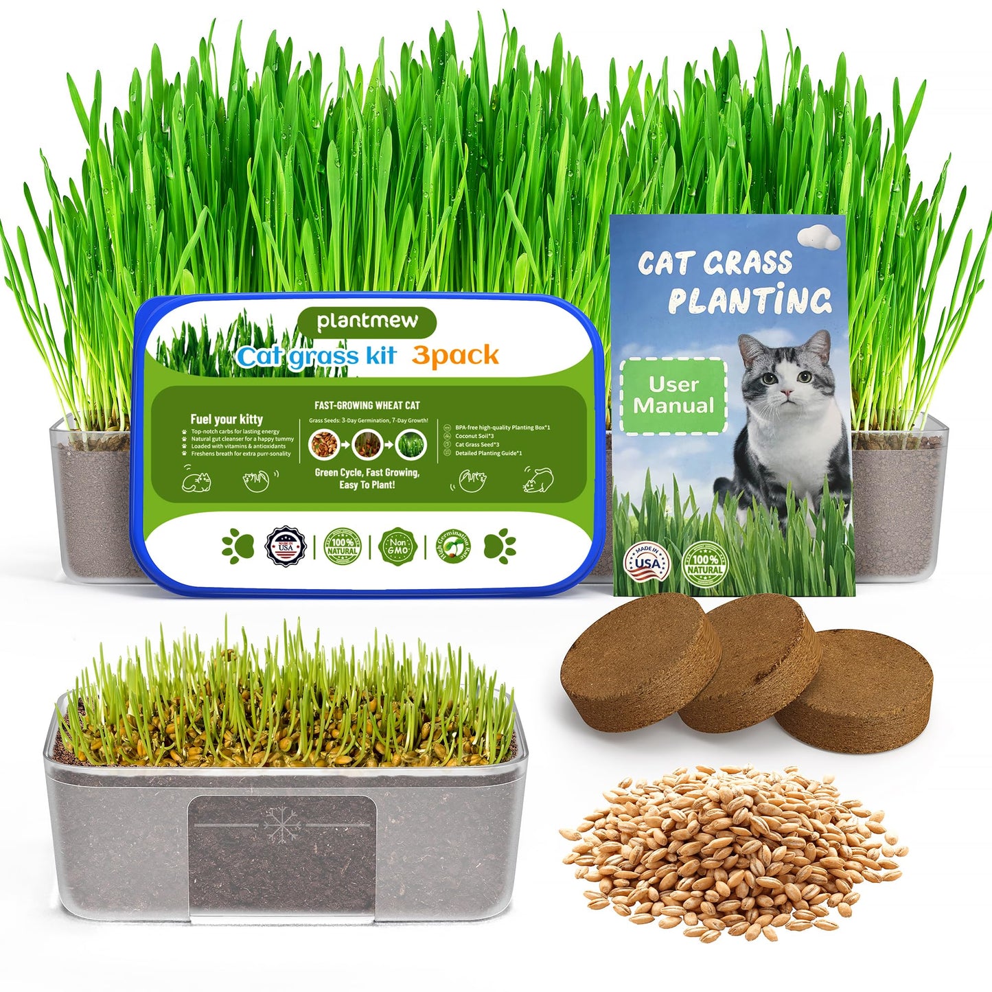 Cat Grass Kit for Indoor Cats - 3 Pack | Pet Wheat Grass Seeds, Grows in 7 Days | Digestive Health & Reduces Hairball | Gift for Cat Lovers with BPA-Free Planters, Soil & Cat Grass Seeds