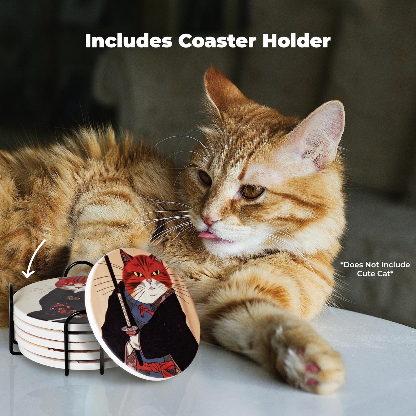 Cat Coasters Ninja Edition - Anime Cat Decor - Set of 6 Drink Coasters with Holder