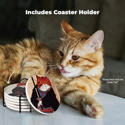 Cat Coasters Ninja Edition - Anime Cat Decor - Set of 6 Drink Coasters with Holder