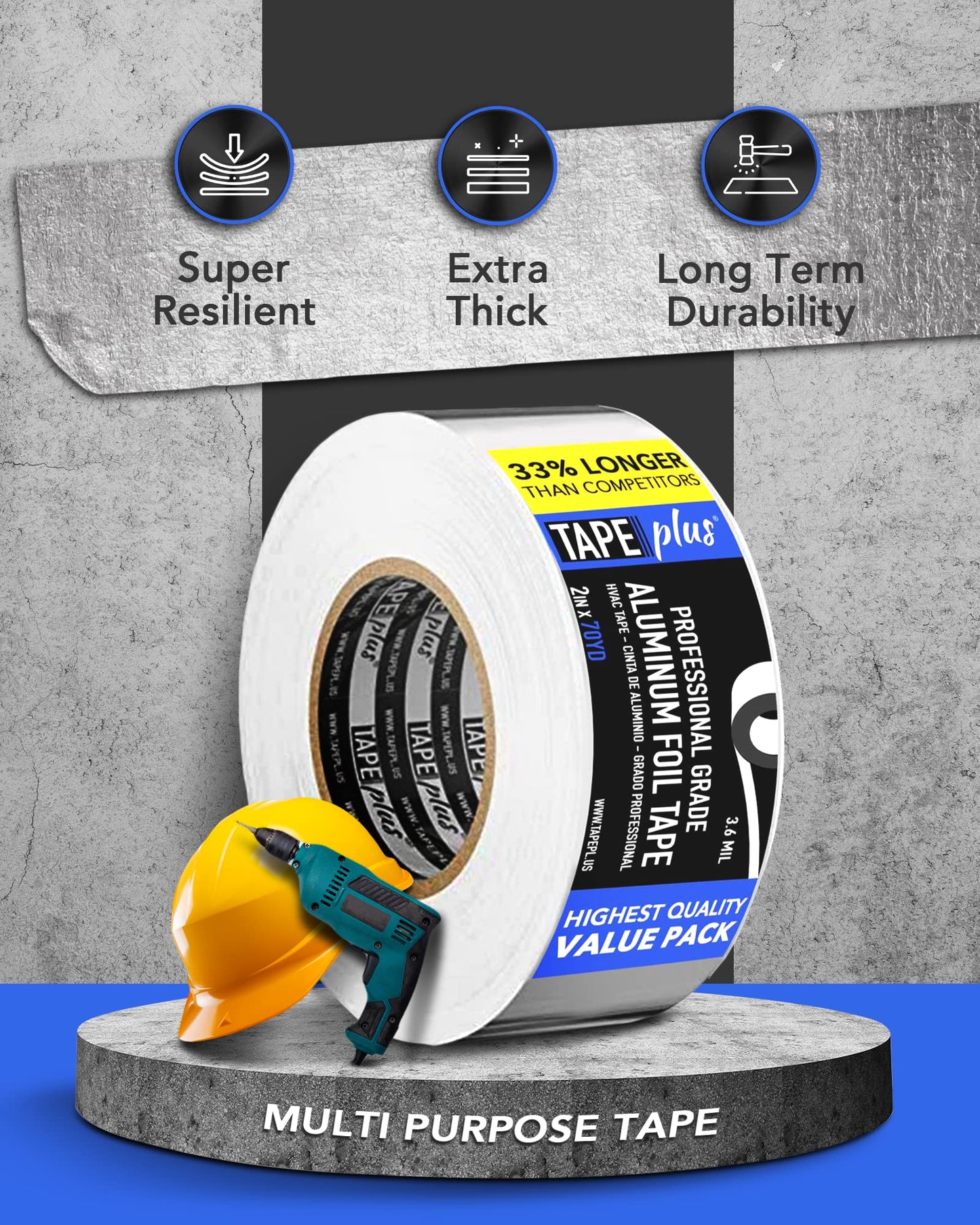 Tape Plus Professional Grade Aluminum Foil Tape - 2 Inch by 210 Feet (70 Yards) - Perfect for HVAC, Sealing & Patching Hot & Cold Air Ducts, Metal Repair, and Much More