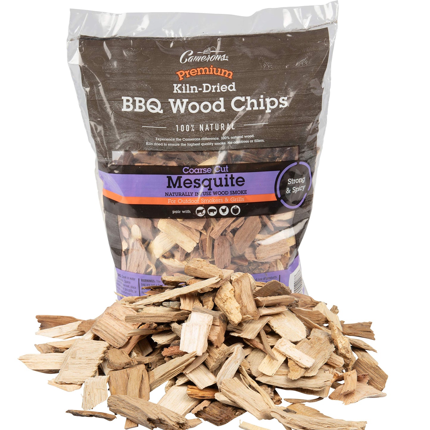 Camerons All Natural Mesquite Wood Chips for Smoker -260 Cu In Bag, Approx 2 Pounds- Kiln Dried Coarse Cut BBQ Grill Wood Chips for Smoking Meats - Barbecue Smoker Accessories - Grilling Gifts for Men
