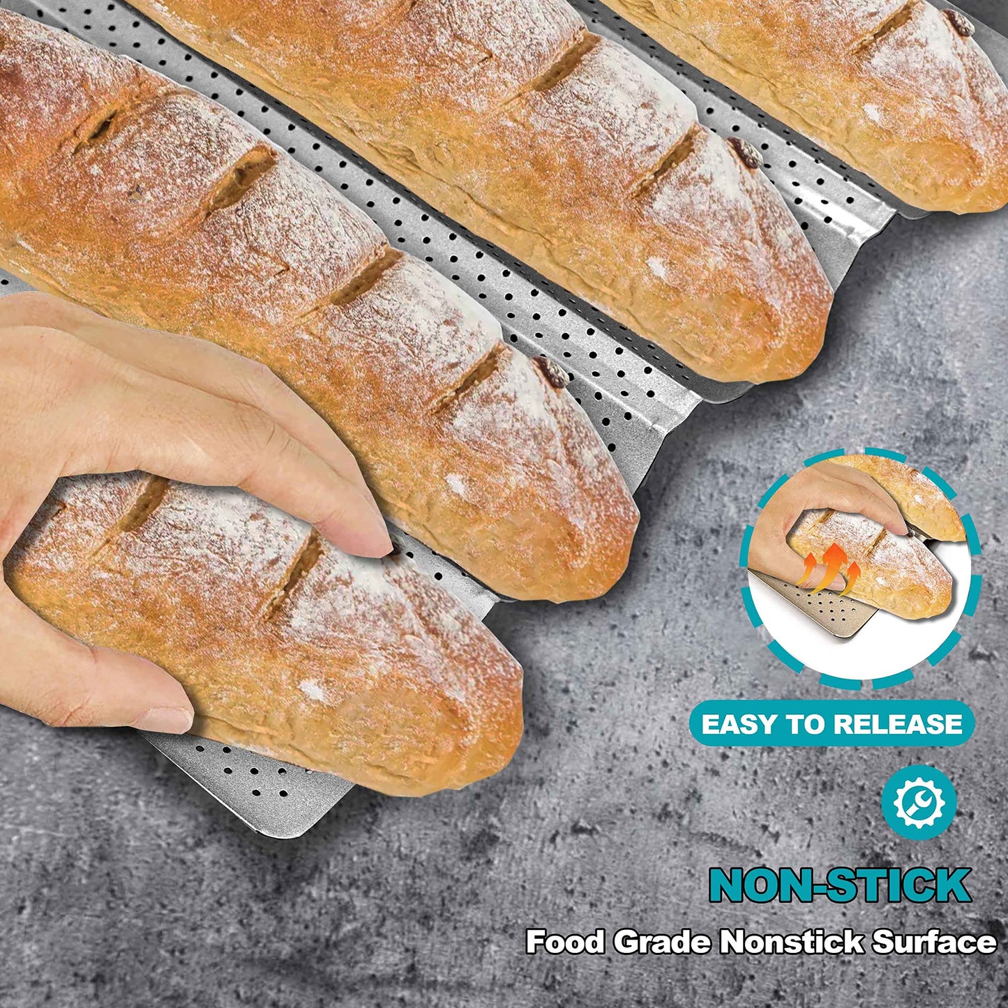 Anaeat Nonstick Perforated French Bread Baking Pan, 15"X 13" Premium Toast Mold Great for 4 Loaves Baguettes, French & Italian Bread Trays for Baking Loaf Bread, Durable & Heat Resistant (Silver)