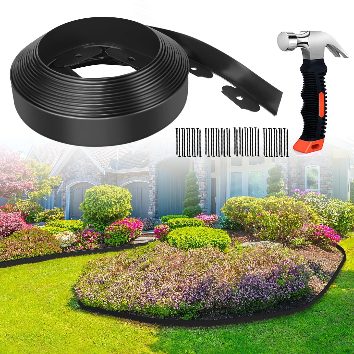 Pruite 33FT Flexible Landscape Edging Kit (2IN Tall) - Black Plastic Garden Borders with 40 Spikes, Lawn Edging for Yard Flowerbeds, Grass & Landscaping