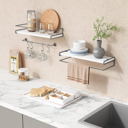 DNACHEW White Floating Shelves for Bathroom Organizer Over Toilet, Bathroom Shelves Wall Mounted with Towel Rack, Corner Wall Shelf for Bedroom Decor Kitchen Storage (White-Dark Grey, Set of 2)