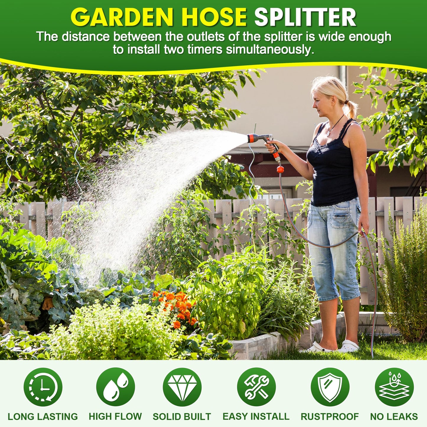 DINGBAI Hose Splitter 2 Way, High Flow Garden Hose Splitters, 3/4” GHT Inlet Brass Heavy Duty Hose Converter, Full Flow Water 2 Way Faucet Hose Splitter, Long Handle Hose Valve Large Outlet.