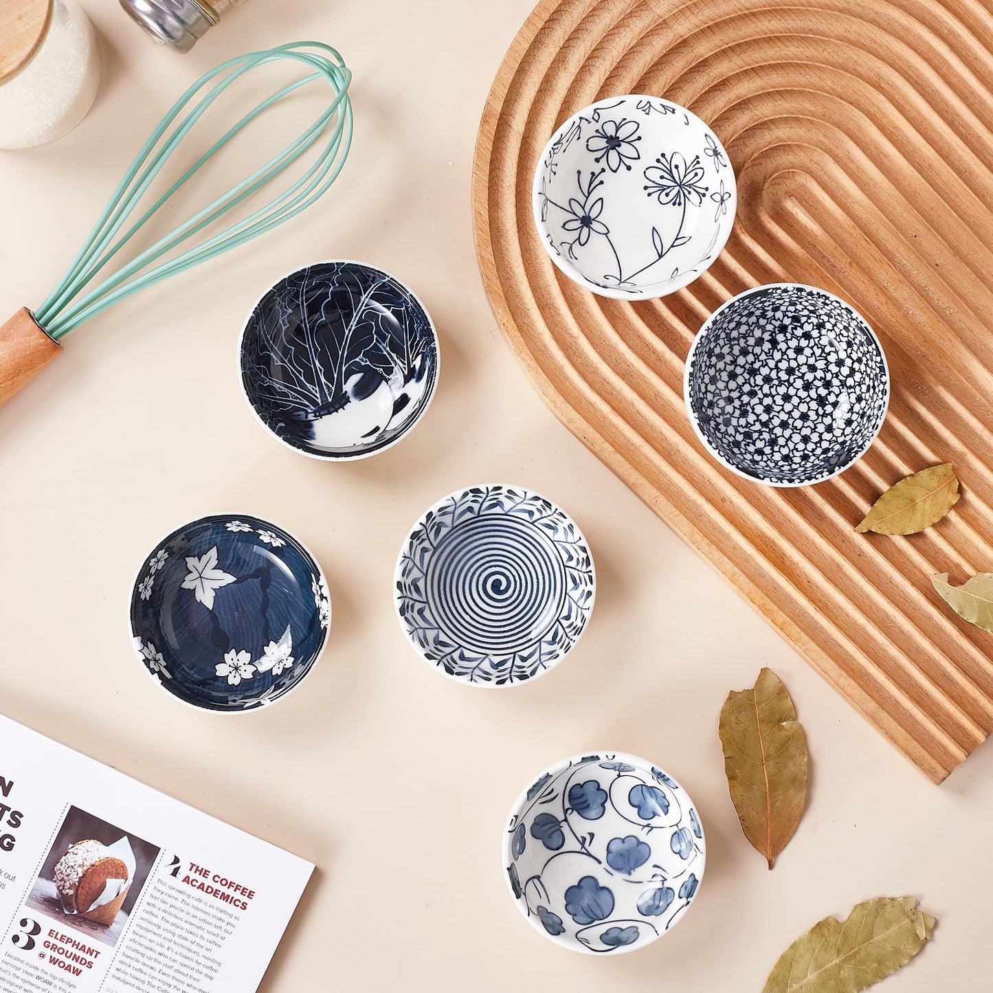 Swuut Japanese Style Ceramic Dipping Bowls,3'' Small Pinch Bowls Set Side Sauce Cups,Dishes for Sushi,Snack and Soy,BBQ,2.5 Oz Blue and White Mini Bowl for Kitchen Prep - Set of 6 (3 inch)