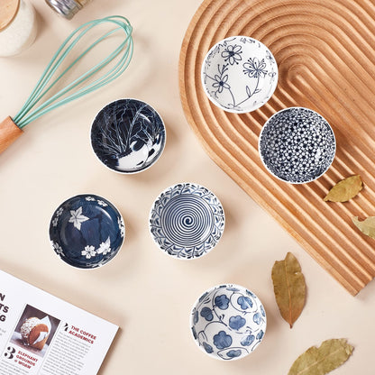 Swuut Japanese Style Ceramic Dipping Bowls,3'' Small Pinch Bowls Set Side Sauce Cups,Dishes for Sushi,Snack and Soy,BBQ,2.5 Oz Blue and White Mini Bowl for Kitchen Prep - Set of 6 (3 inch)
