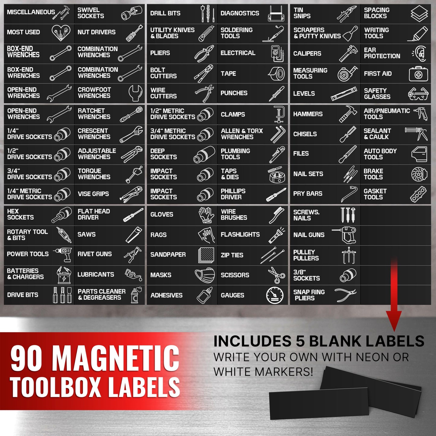 90 Pcs Magnetic Tool Box Labels 3.5x1 inch - Magnetic Toolbox Labels for Tool Box Drawers Strong Magnet Toolbox Organizer Chest Black Pre-Printed & Blanked Emblems for Organization - Toolbox Emblems