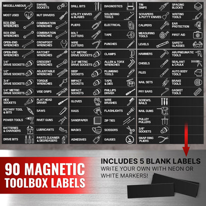 90 Pcs Magnetic Tool Box Labels 3.5x1 inch - Magnetic Toolbox Labels for Tool Box Drawers Strong Magnet Toolbox Organizer Chest Black Pre-Printed & Blanked Emblems for Organization - Toolbox Emblems