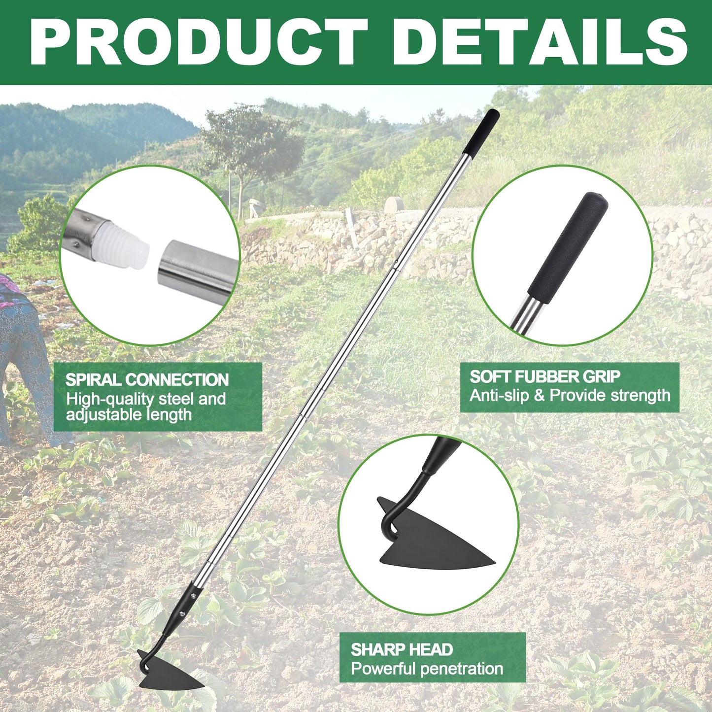 YEELOR Warren Hoe, Carbon Steel Triangle Garden Hoe with Stainless Steel 57" Adjustable Long Handle, Heavy Duty Gardening Hand Tools Hoe for Ridging Weeding Digging Loosening Edging Soil, Balck