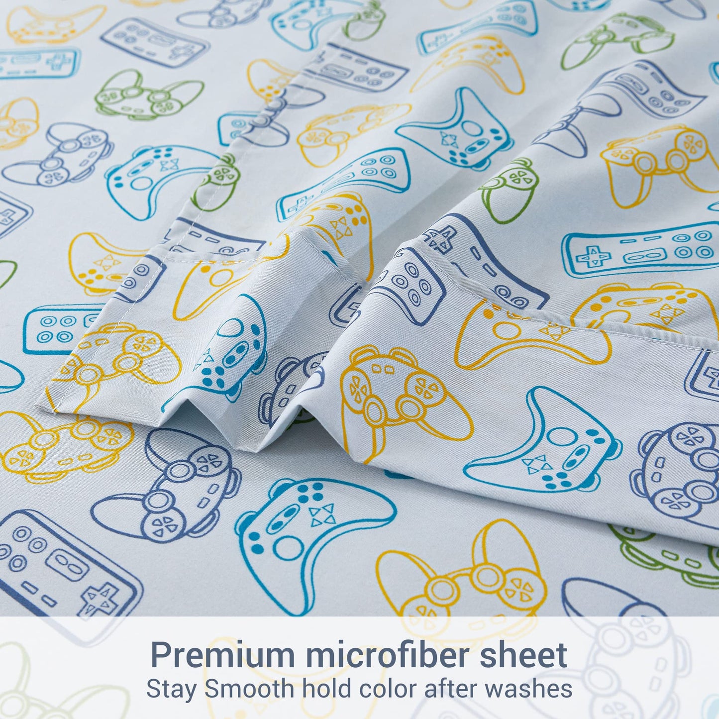 Viviland Kids Twin Single Sheet Set - Boys Game Twin Single Sheet Set - Kids Boys Twin Single Microfiber Fitted Sheet (15" deep Pocket) Flat Sheet - Light Grey Game Paddle Controller Printed