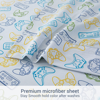 Viviland Kids Twin Single Sheet Set - Boys Game Twin Single Sheet Set - Kids Boys Twin Single Microfiber Fitted Sheet (15" deep Pocket) Flat Sheet - Light Grey Game Paddle Controller Printed