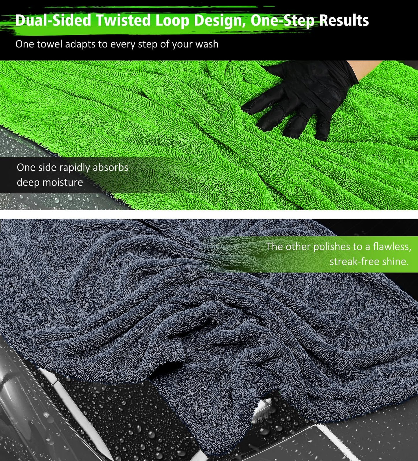 YeewayVeh 36"x28" Car Drying Towel Extra Large, 1400GSM Ultra Absorbent Double-Sided Twisted Loop Microfiber, Scratch-Free & Professional Grade Car Wash Towel for Cars, SUVs, Trucks (Green)