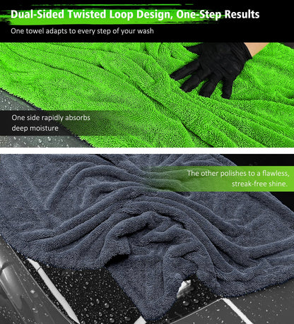 YeewayVeh 36"x28" Car Drying Towel Extra Large, 1400GSM Ultra Absorbent Double-Sided Twisted Loop Microfiber, Scratch-Free & Professional Grade Car Wash Towel for Cars, SUVs, Trucks (Green)