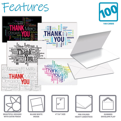 Thank You Cards with Envelopes (100 Pack), 5 Cover Designs, Blank Inside, by Better Office Products, All Occasions, Baby Showers, Graduation, and Weddings, Modern Global Collection, 100 Pack