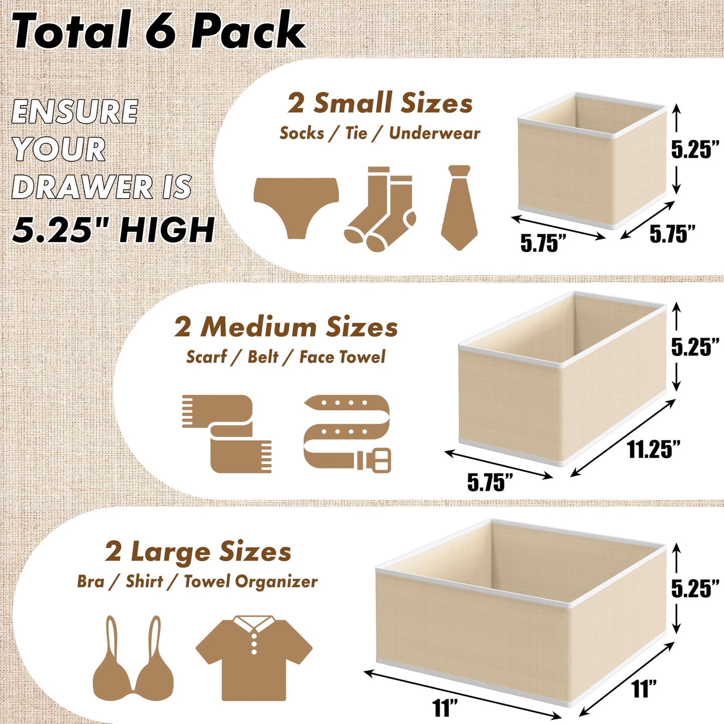 Simple Houseware Foldable Storage Basket Box Closet Dresser Drawer Divider Bins Organizer for Clothes,Underwears, Bras, Set of 6, Beige