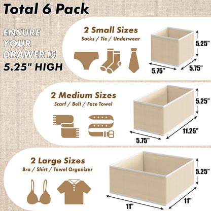 Simple Houseware Foldable Storage Basket Box Closet Dresser Drawer Divider Bins Organizer for Clothes,Underwears, Bras, Set of 6, Beige