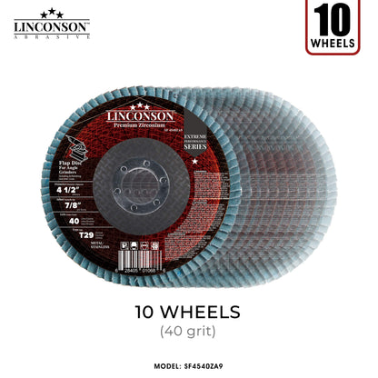 LINCONSON 10 Pack 4.5 Inch 40 Grit Zirconia Abrasive Grinding Wheel and Flap Sanding Disc for Metal & Stainless Steel 7/8" Arbor T29 Conical (SF 4540ZA9)-Extreme Performance Series