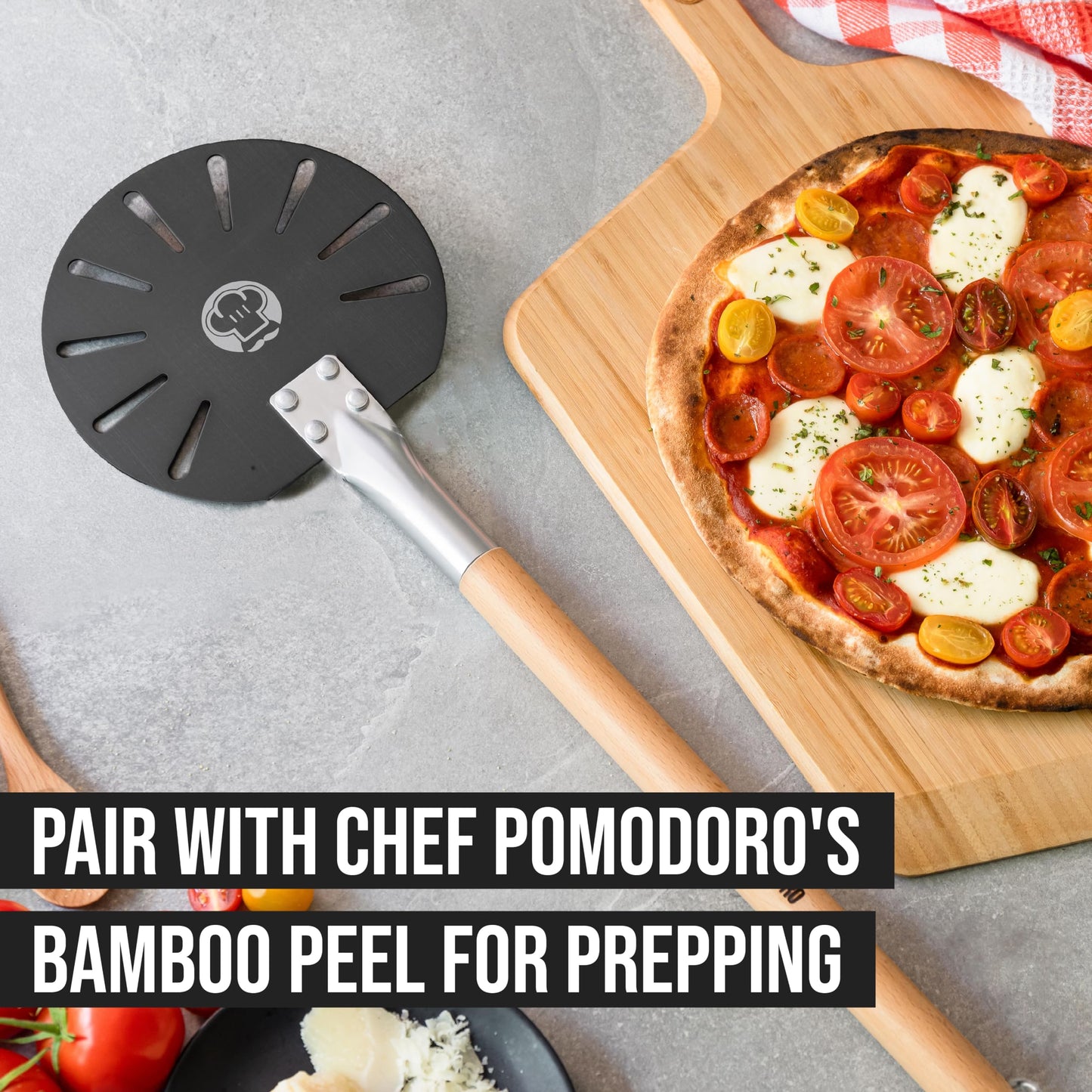 Chef Pomodoro Mini Aluminum Pizza Turning Peel with Wood Handle for Easy Storage, Metal Pizza Peel, Gourmet Luxury Pizza Paddle for Baking Homemade Pizza Bread - Pizza Oven Accessories (7-Inch)