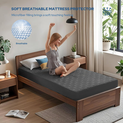 BEDLORE Waterproof Mattress Protector, Twin Size Mattress Pad with Deep Pocket 6"-18" Depth, Soft & Breathable Dirt-Proof Single Bed Mattress Cover for Kids Teenager Bedroom, Dorm Room (Gray)