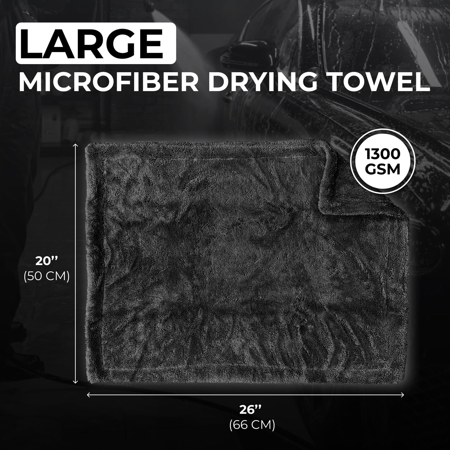 WEST BROS Large Microfiber Car Drying Towel 1300 GSM Double Twist Pile - Premium Auto Wash Towel for Cars Trucks SUV - Super Absorbent Detailing Cleaning Cloth 20x26'' Gray 1-Pack