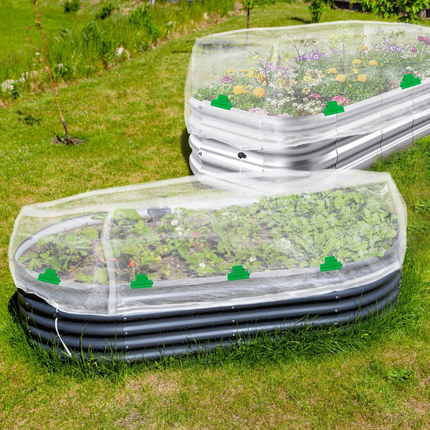 2 Pack Garden Netting for Raised Beds, 4x2FT Raised Bed Plant Covers for Garden Protection, Fine Mesh Bird Netting Pest Barrier Screen with Drawstring and Clips for Protecting Vegetables Fruits Crops