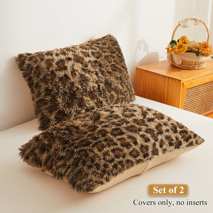 XeGe Cheetah Print Faux Fur Fluffy Pillowcases, Plush Shaggy Soft Long Pillow Covers, Fuzzy Decorative Leopard Print Pillow Cases, Furry Pillow Shams for Bed Couch Zipper, Set of 2(Standard, Brown)