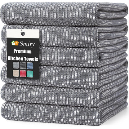 smiry Premium Kitchen Towels(18"x 28", 6 Pack), Large Cotton Dish Cloths Set, Flat & Terry Towel Highly Absorbent Tea Towels with Hanging Loop, Grey