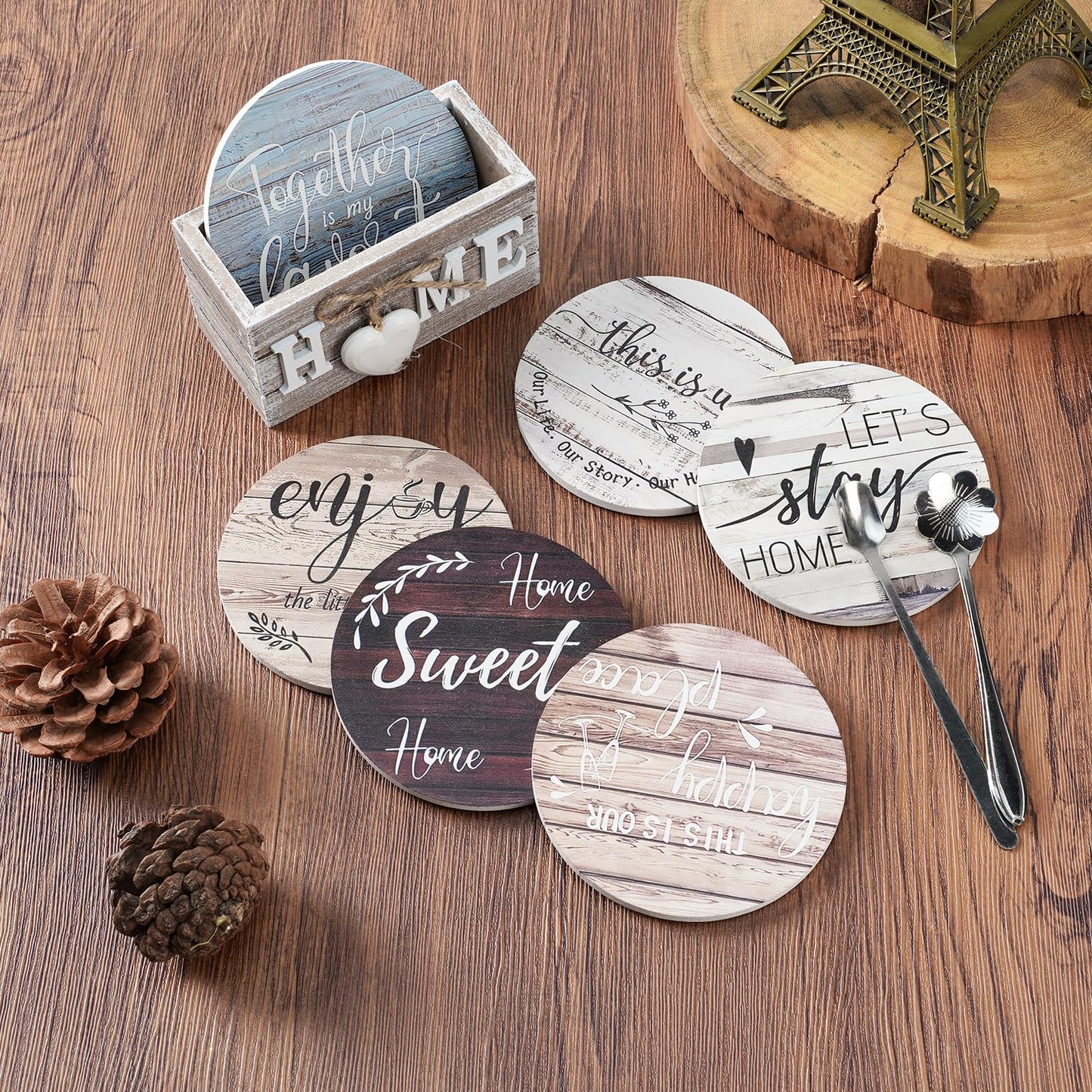 Witwatia Coasters for Drinks 6 Set with Holder, Housewarming Gifts New Home Wood Rustic Farmhouse Coaster with 6 Spoons, Funny Coasters for Coffee Table, Absorbent Drink Coaster for Room Bar Decor