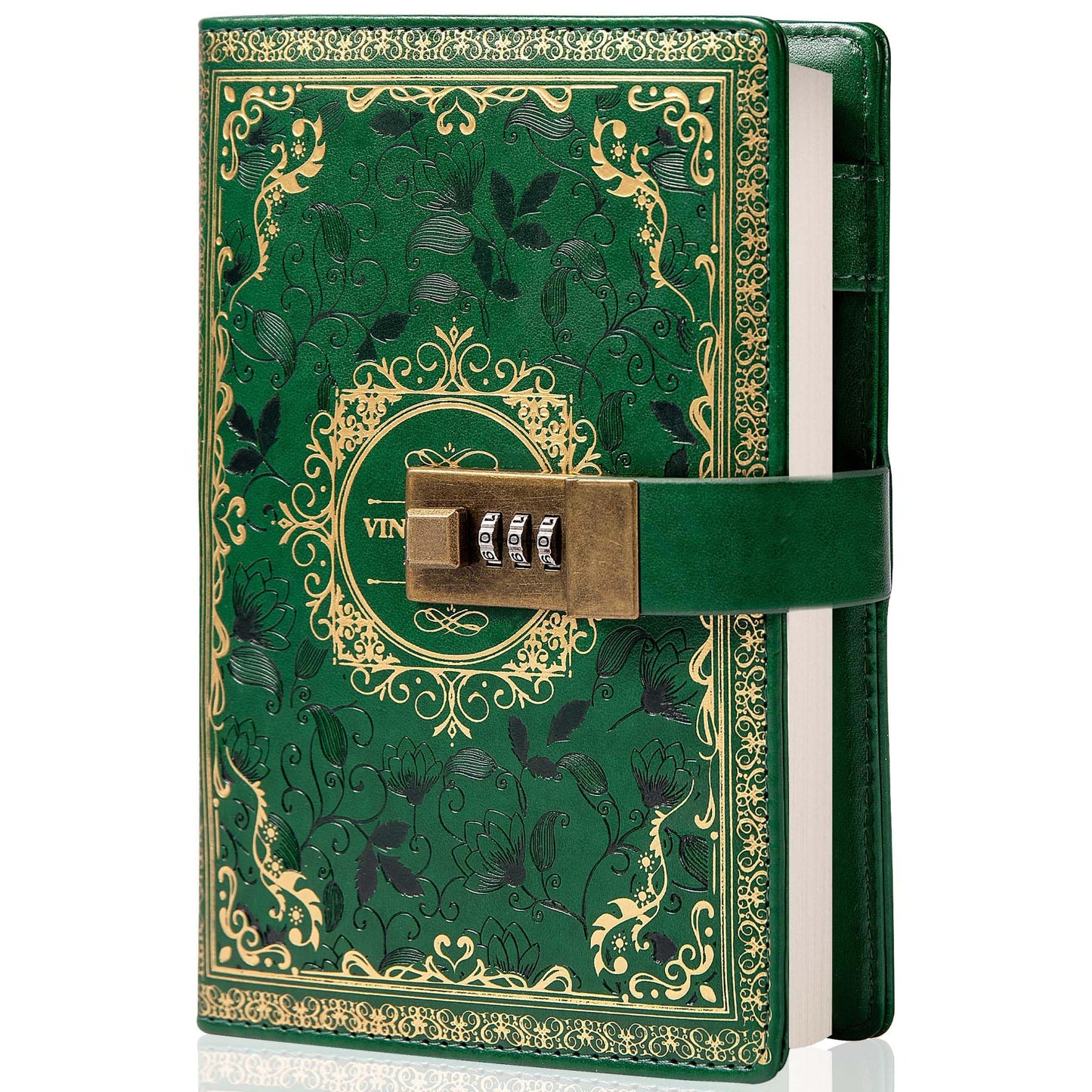 Vintage Leather Journal Notebook with Combination Lock, B6 Embossed Flower Secret Diary Ruled Lined Paper for Writing, Gift for Women Girls Children (Green)