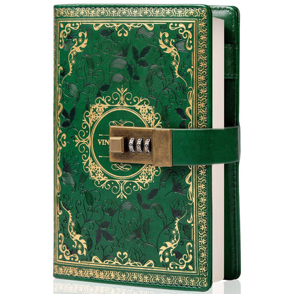 Vintage Leather Journal Notebook with Combination Lock, B6 Embossed Flower Secret Diary Ruled Lined Paper for Writing, Gift for Women Girls Children (Green)