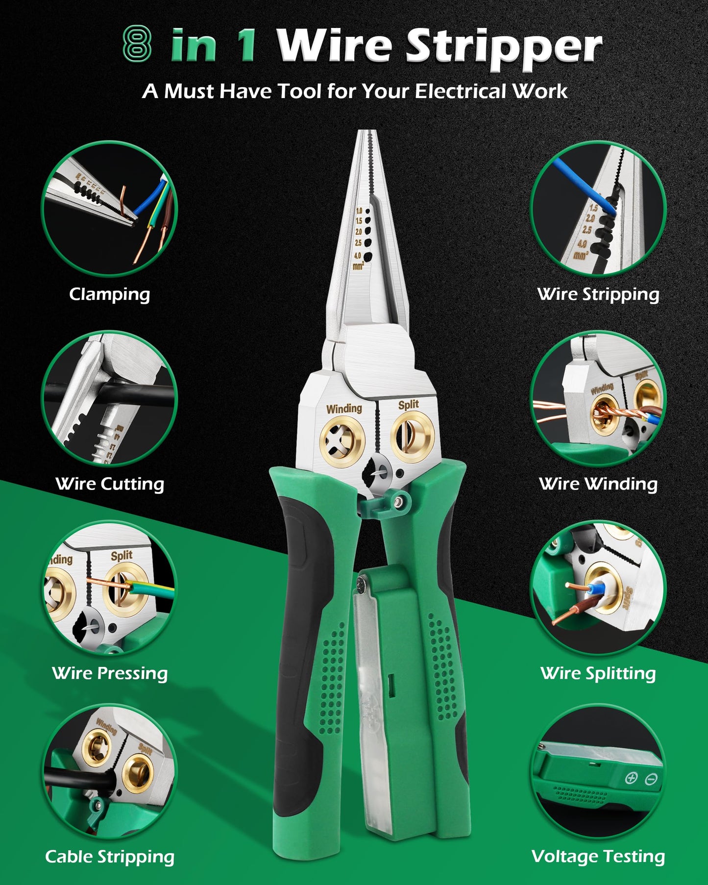 8 in 1 Wire Stripper with Voltage Tester, Wire Strippers/Crimper with Plier, Cutters, Splitting(12V-250V), Wire Stripping Tools for 10-18 AWG for Professional Electrician & DIY Tool