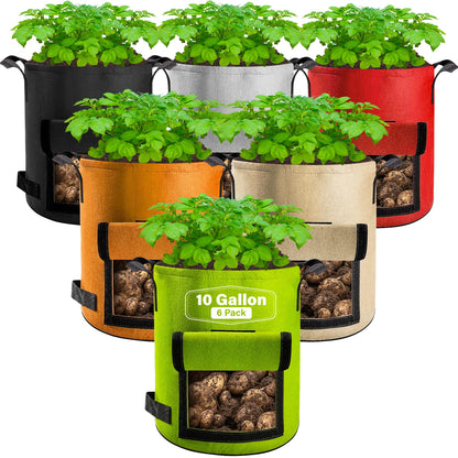 Suntee 6 Pack 10 Gallon Potato Grow Bags with Flap, Thickened Nonwoven Fabric Grow Bags for Growing Potatoes, Colorful Plant Grow Bags Pots Gardening Vegetable Potato Growing Bags with Durable Handles