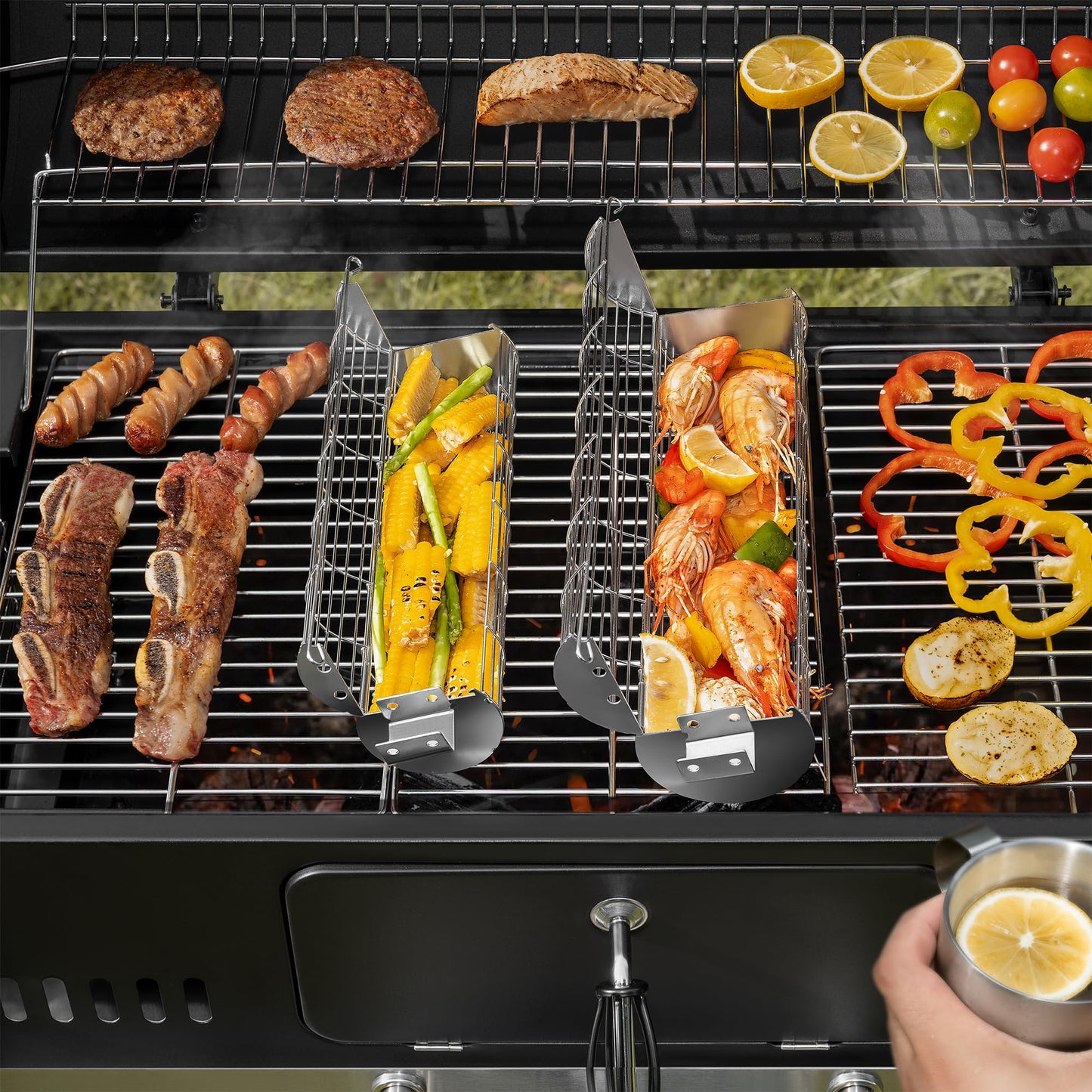 Rolling Grill Basket, New Opening Design, Extra Sturdy Cylinder Grilling Basket, Food Grade Stainless Steel, Large Portable Outdoor Camping accessories BBQ Net Rack, Cooking Griller for Fish