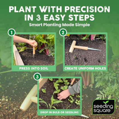 Pokey Planter by Seeding Square – Stainless Steel & Wooden Handle Garden Tool for Planting Garlic, Onions, Tulips, Daffodils, Lilies, & Transplanting Seedlings