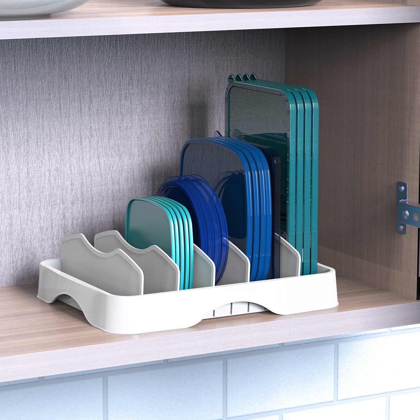 Simple Houseware Food Container Lid Organizer with Adjustable Dividers for Inside Cabinet or Countertop Storage, 13.25" × 10.5", White
