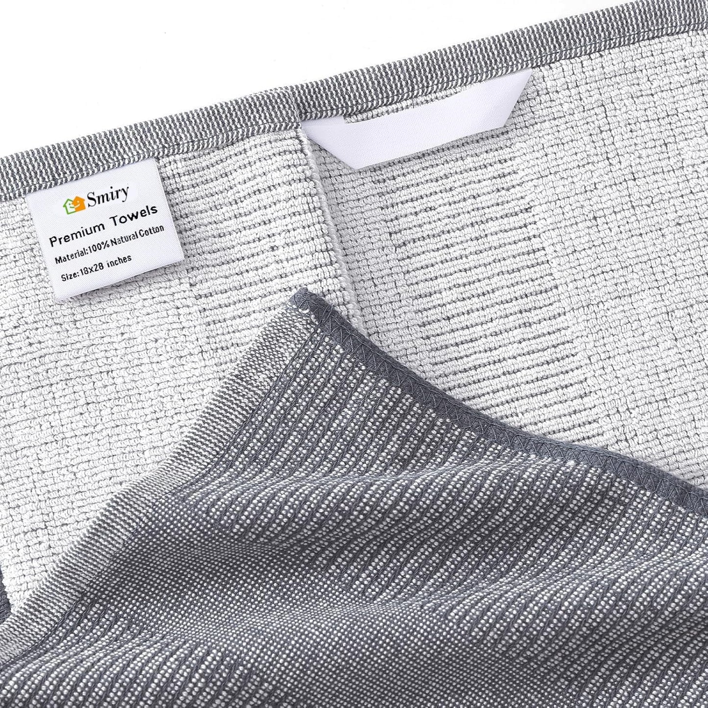 smiry Premium Kitchen Towels(18"x 28", 6 Pack), Large Cotton Dish Cloths Set, Flat & Terry Towel Highly Absorbent Tea Towels with Hanging Loop, Grey