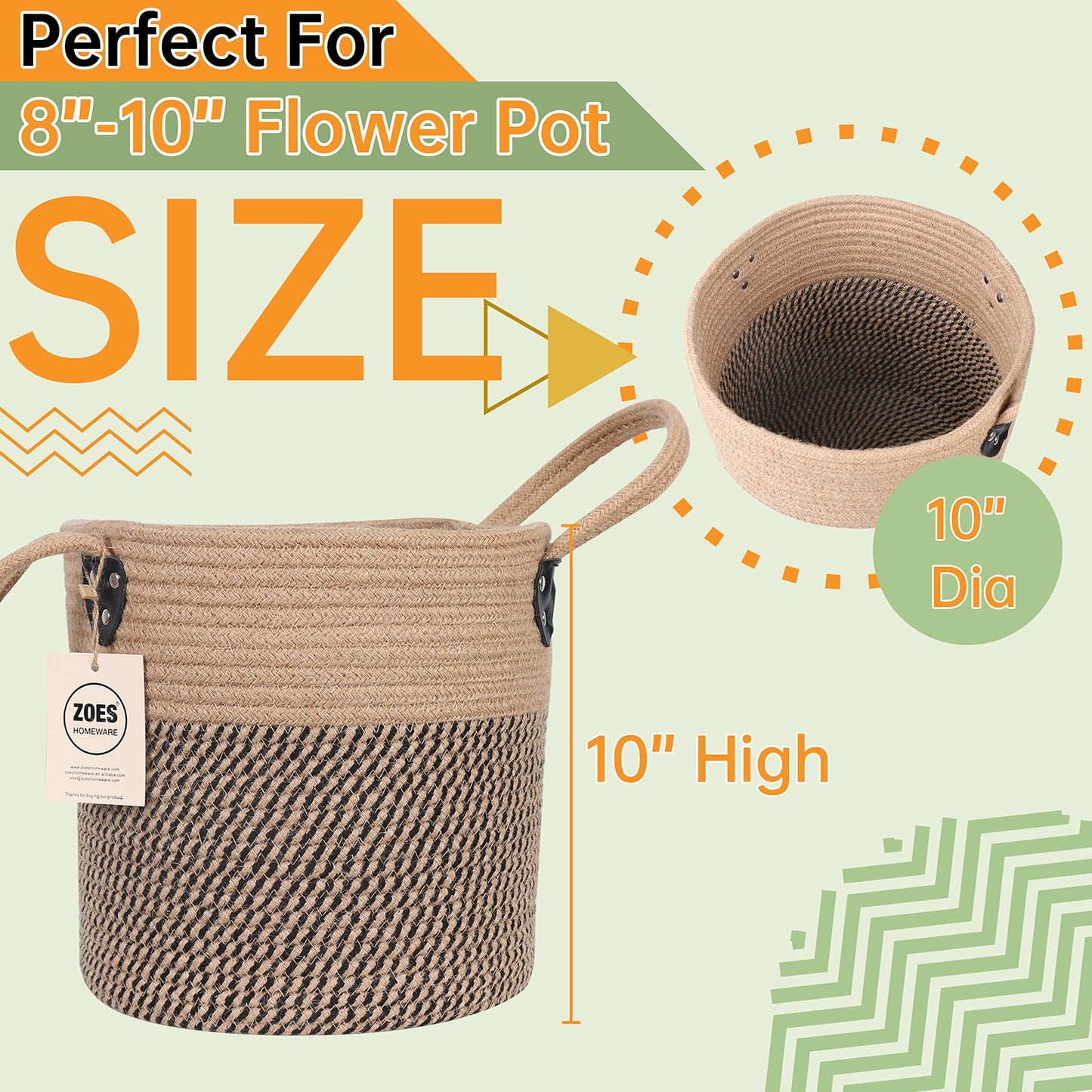 ZOES HOMEWARE Jute Rope Basket 10"x10" Woven With Handles for 7"-10" Pots, Boho Indoor Planters Cover, Multifunctional for Outdoor Plants, Artificial, Picnic, Storage