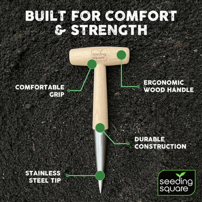 Pokey Planter by Seeding Square – Stainless Steel & Wooden Handle Garden Tool for Planting Garlic, Onions, Tulips, Daffodils, Lilies, & Transplanting Seedlings