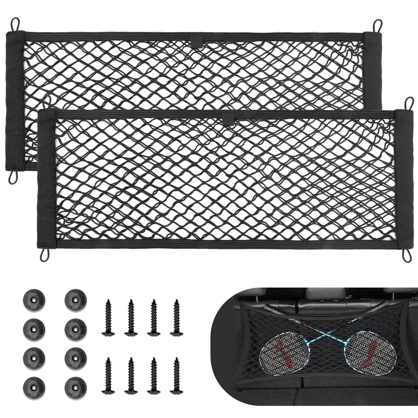 RED WOLF 2 Pcs Universal Cargo Net Pocket Elastic Mesh Netting Car Mesh Pouch for Trunk RV Boats Home Cargo Storage Mesh with Screws and Hooks (25.6'' x 9.8'')