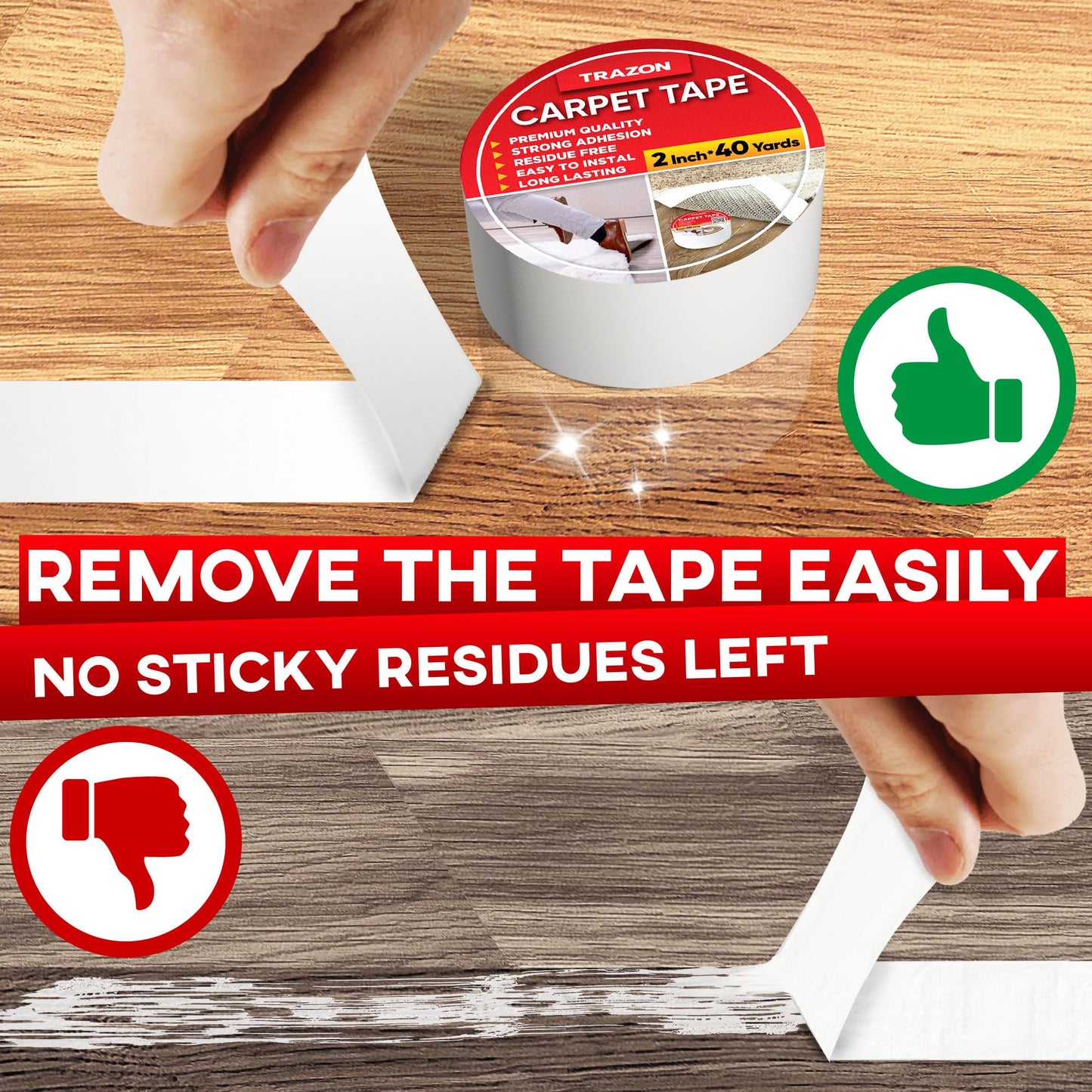 Trazon Carpet Tape Double Sided - Rug Tape Grippers for Hardwood Floors and Area Rugs - Carpet Binding Tape Strong Adhesive and Removable, Heavy Duty Stickers Tape, Residue Free (2 Inch / 40 Yards)