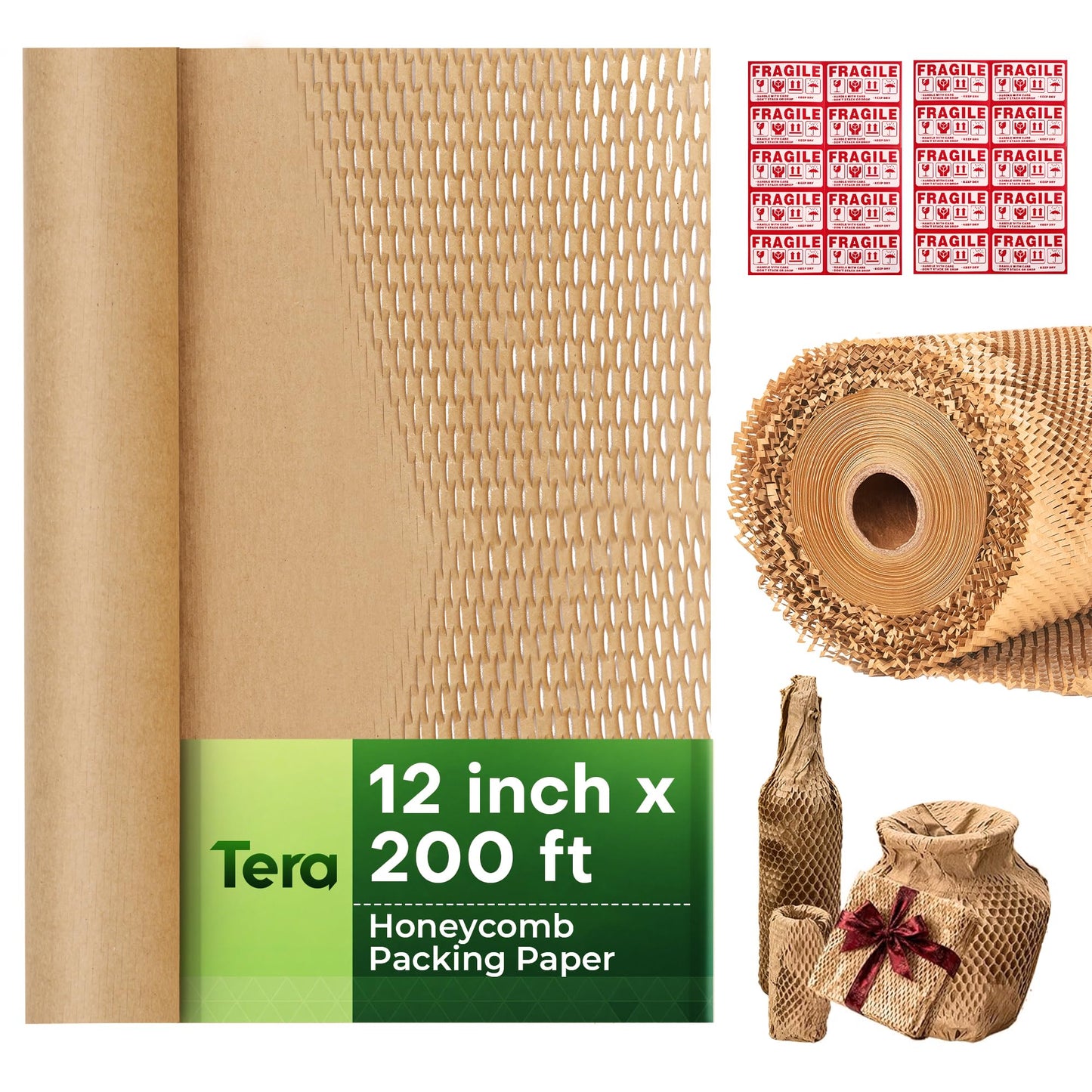 Tera Honeycomb Packing Paper Eco-friendly: 12"x200' Recyclable Cushioning Wrap for packaging Moving Supplies Shipping Boxes Gift Wrapping Paper Alternative to Bubble Wrap with 20 Fragile Sticker