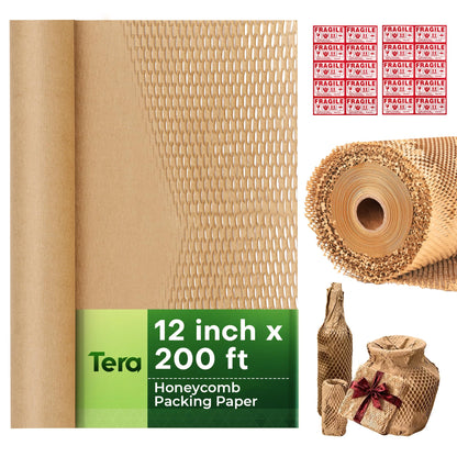 Tera Honeycomb Packing Paper Eco-friendly: 12"x200' Recyclable Cushioning Wrap for packaging Moving Supplies Shipping Boxes Gift Wrapping Paper Alternative to Bubble Wrap with 20 Fragile Sticker