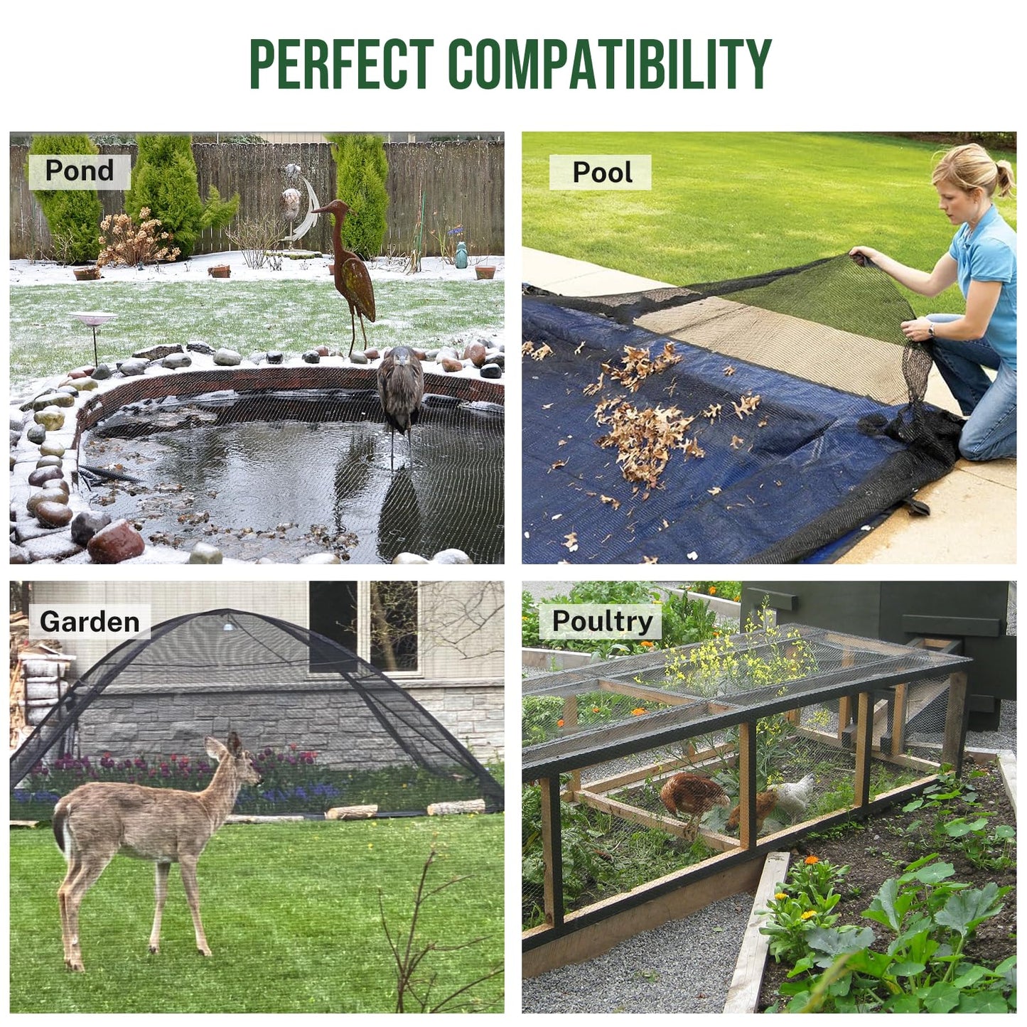 Pond Netting Cover for Leaves, 15 x 20 Koi Pond Net Cover, Durable & Sturdy Pond Netting for Koi Ponds, Protect Koi Fish Against Herons, Raccoons, Cats & Predators, 14pcs Stakes Included