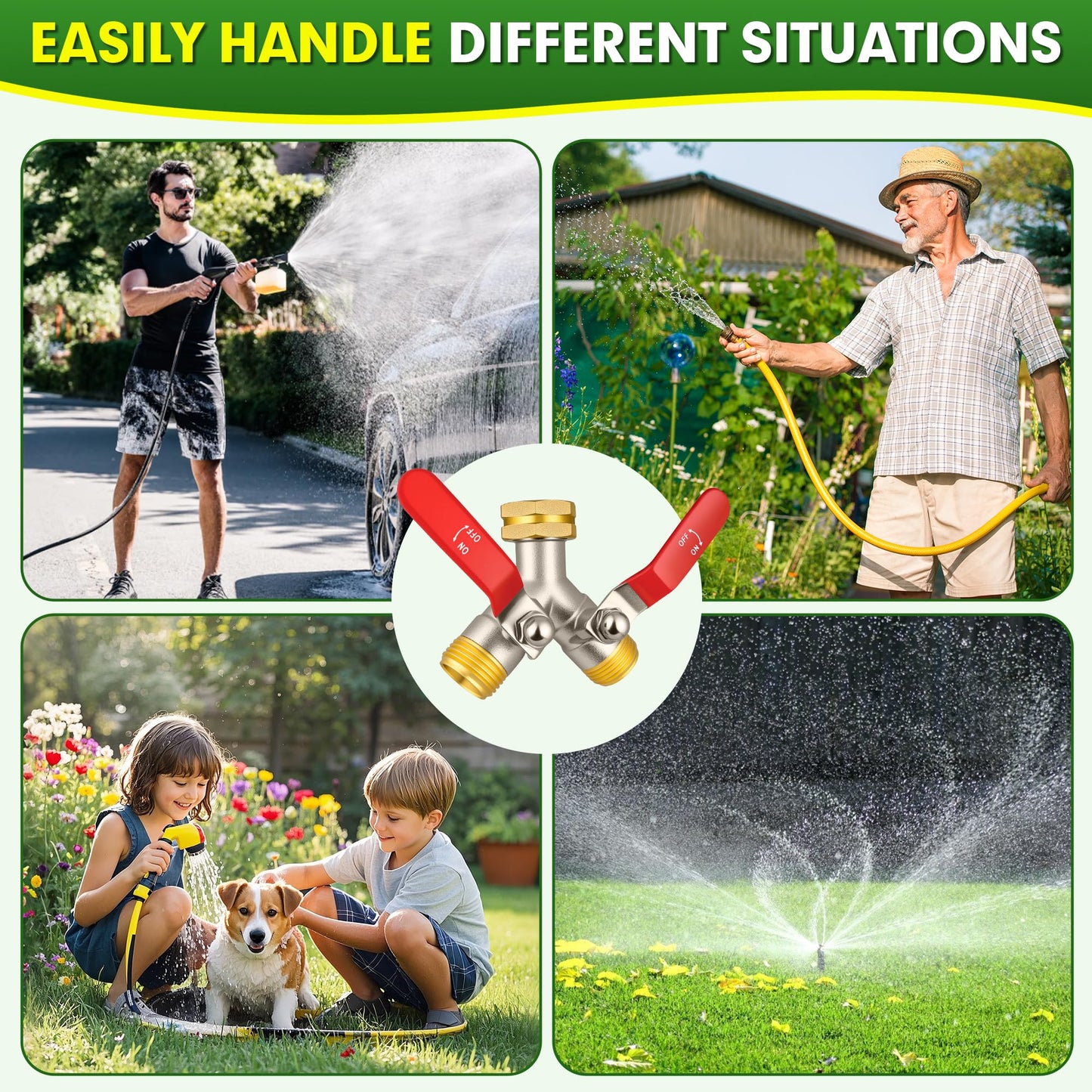 DINGBAI Hose Splitter 2 Way, High Flow Garden Hose Splitters, 3/4” GHT Inlet Brass Heavy Duty Hose Converter, Full Flow Water 2 Way Faucet Hose Splitter, Long Handle Hose Valve Large Outlet.