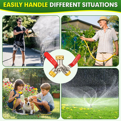 DINGBAI Hose Splitter 2 Way, High Flow Garden Hose Splitters, 3/4” GHT Inlet Brass Heavy Duty Hose Converter, Full Flow Water 2 Way Faucet Hose Splitter, Long Handle Hose Valve Large Outlet.