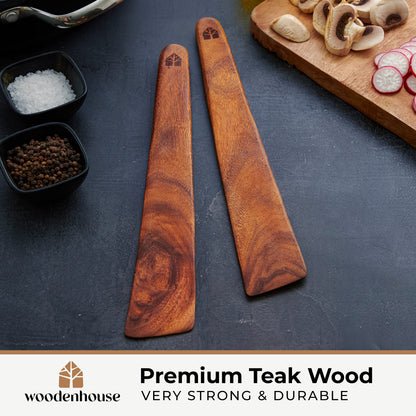 12″ Teak Wooden Spatula for Cast Iron, Small Wood Flipper, Egg Scraper, Flat Wooden Turner, Multipurpose Wood Cooking Utensil, Spatulas Perfect for Flipping, Serving, Scraping & Turning - Set of 2