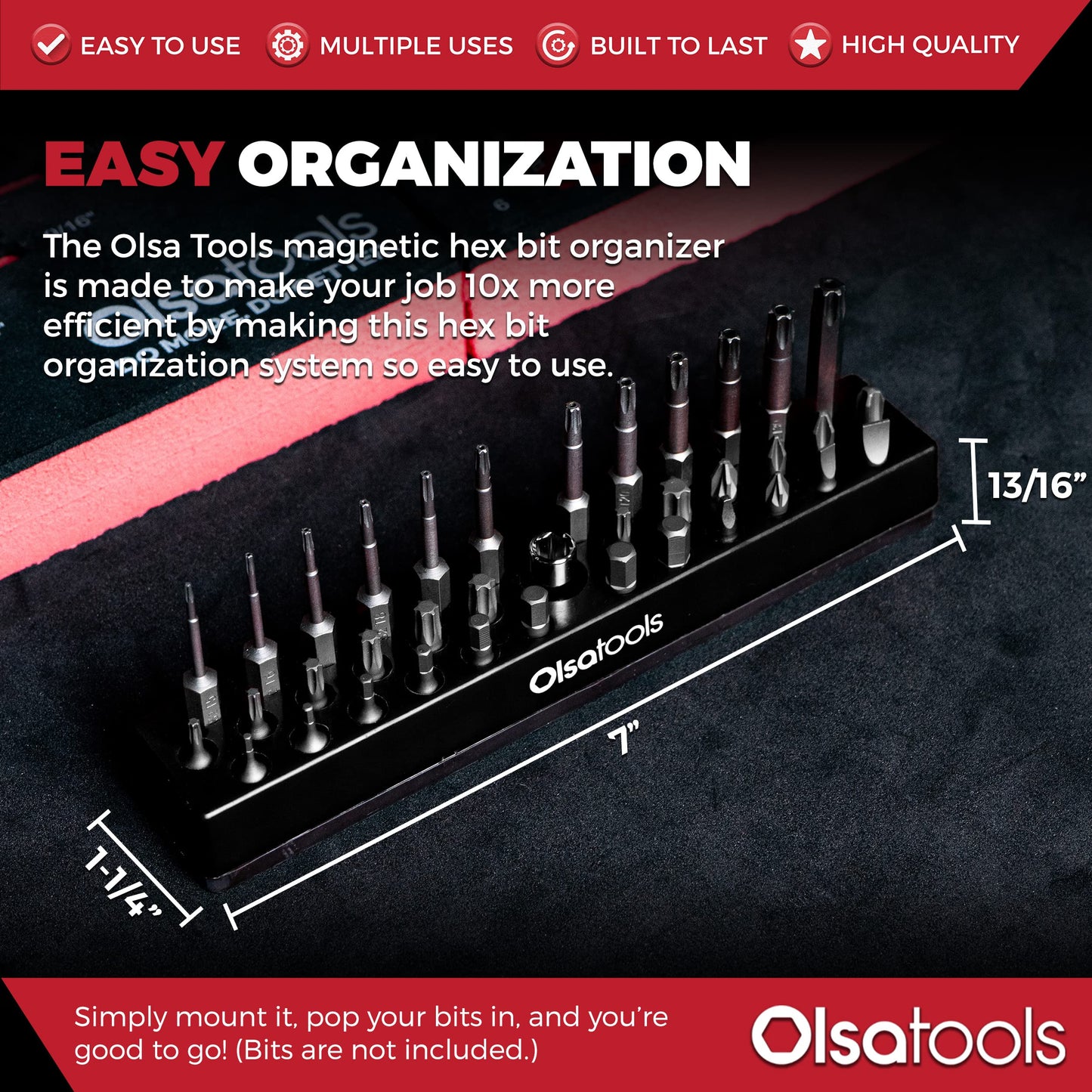 Olsa Tools Professional Hex Bit Organizer with Magnetic Base | Professional Quality Hex Bit Holder for Your Specialty, Drill or Tamper Bits (Black)